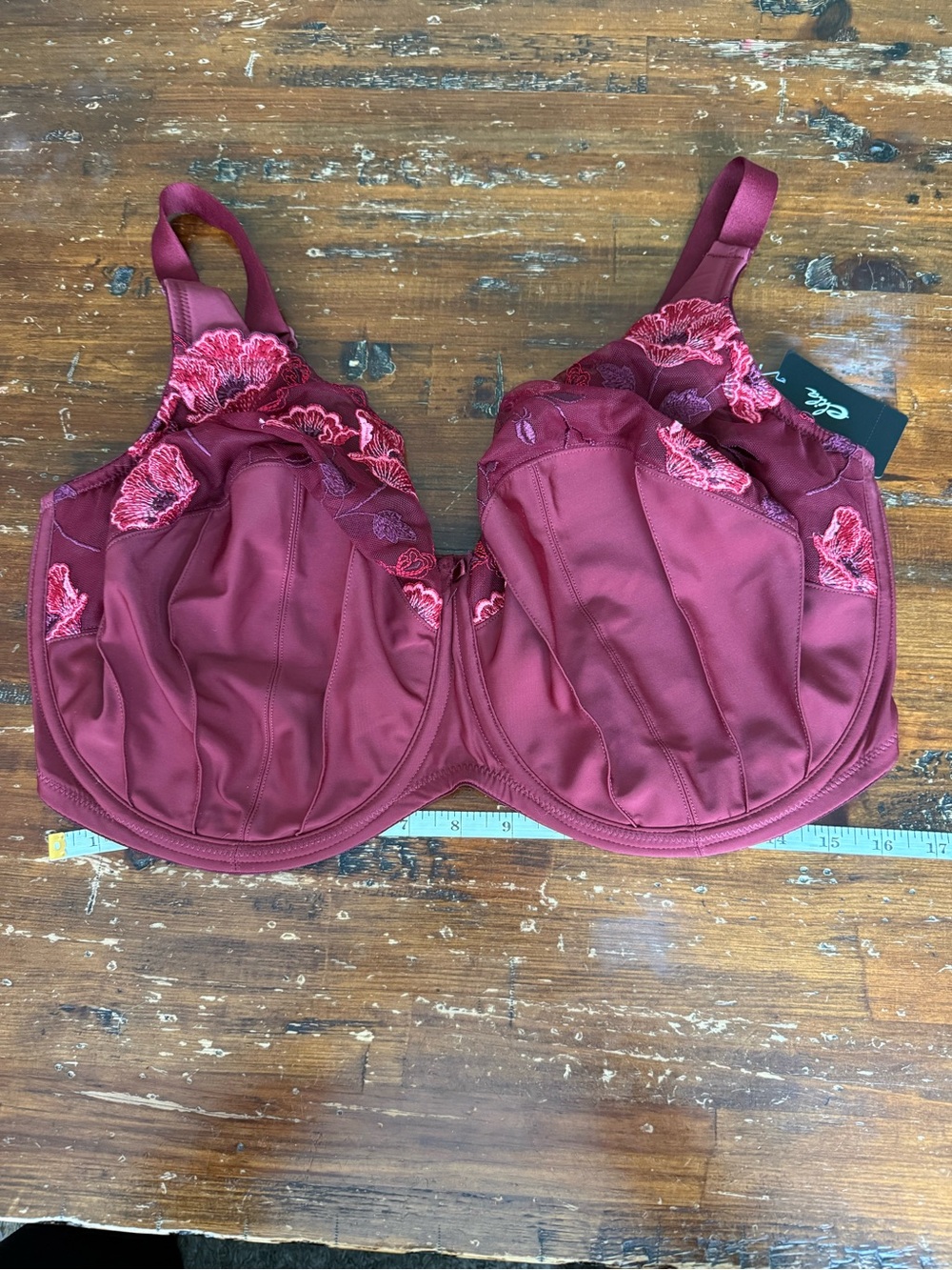 Elila Embroidered Full-Cup Bra in Burgundy with Pink Accents